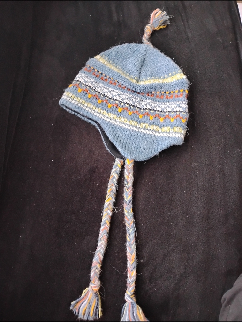 Amber Mountain Works Wool Earflap Beanie with Multicolor Pattern. Blue One Size